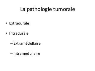 La	pathologie	tumorale	
•  Extradurale	
•  Intradurale		
– Extramédullaire	
– Intramédullaire	
 