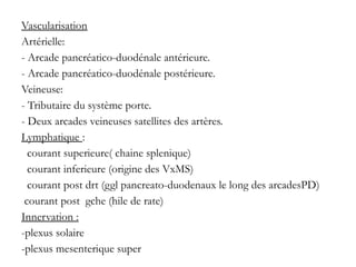 Vascularisation
Artérielle:
- Arcade pancréatico-duodénale antérieure.
- Arcade pancréatico-duodénale postérieure.
Veineuse:
- Tributaire du système porte.
- Deux arcades veineuses satellites des artères.
Lymphatique :
courant superieure( chaine splenique)
courant inferieure (origine des VxMS)
courant post drt (ggl pancreato-duodenaux le long des arcadesPD)
courant post gche (hile de rate)
Innervation :
-plexus solaire
-plexus mesenterique super
 