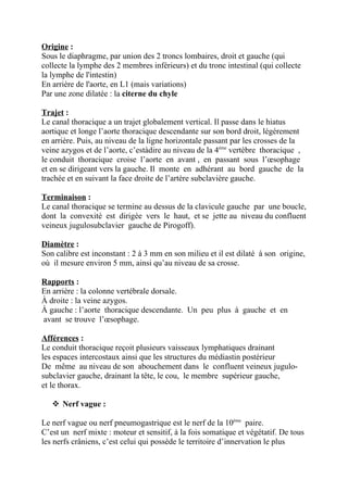 Origine :
Sous le diaphragme, par union des 2 troncs lombaires, droit et gauche (qui
collecte la lymphe des 2 membres inférieurs) et du tronc intestinal (qui collecte
la lymphe de l'intestin)
En arrière de l'aorte, en L1 (mais variations)
Par une zone dilatée : la citerne du chyle

Trajet :
Le canal thoracique a un trajet globalement vertical. Il passe dans le hiatus
aortique et longe l’aorte thoracique descendante sur son bord droit, légèrement
en arrière. Puis, au niveau de la ligne horizontale passant par les crosses de la
veine azygos et de l’aorte, c’estàdire au niveau de la 4ème vertèbre thoracique ,
le conduit thoracique croise l’aorte en avant , en passant sous l’œsophage
et en se dirigeant vers la gauche. Il monte en adhérant au bord gauche de la
trachée et en suivant la face droite de l’artère subclavière gauche.

Terminaison :
Le canal thoracique se termine au dessus de la clavicule gauche par une boucle,
dont la convexité est dirigée vers le haut, et se jette au niveau du confluent
veineux jugulosubclavier gauche de Pirogoff).

Diamètre :
Son calibre est inconstant : 2 à 3 mm en son milieu et il est dilaté à son origine,
où il mesure environ 5 mm, ainsi qu’au niveau de sa crosse.

Rapports :
En arrière : la colonne vertébrale dorsale.
À droite : la veine azygos.
À gauche : l’aorte thoracique descendante. Un peu plus à gauche et en
avant se trouve l’œsophage.

Afférences :
Le conduit thoracique reçoit plusieurs vaisseaux lymphatiques drainant
les espaces intercostaux ainsi que les structures du médiastin postérieur
De même au niveau de son abouchement dans le confluent veineux jugulo-
subclavier gauche, drainant la tête, le cou, le membre supérieur gauche,
et le thorax.

    Nerf vague :

Le nerf vague ou nerf pneumogastrique est le nerf de la 10ème paire.
C’est un nerf mixte : moteur et sensitif, à la fois somatique et végétatif. De tous
les nerfs crâniens, c’est celui qui possède le territoire d’innervation le plus
 