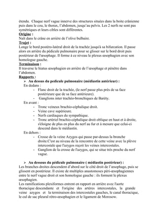 étendu. Chaque nerf vague innerve des structures situées dans la boite crânienne
puis dans le cou, le thorax, l’abdomen, jusqu’au pelvis. Les 2 nerfs ne sont pas
symétriques et leurs cibles sont différentes.
Origine :
Naît dans le crâne en arrière de l’olive bulbaire.
Trajet :
Longe le bord postéro-latéral droit de la trachée jusqu'à sa bifurcation. Il passe
alors en arrière du pédicule pulmonaire pour se glisser sur le bord droit puis
postérieur de l'œsophage. Il forme à ce niveau le plexus œsophagien avec son
homologue gauche.
Terminaison :
Il traverse le hiatus œsophagien en arrière de l’œsophage et pénètre dans
l’abdomen.
Rapports :
     Au dessus du pedicule pulmonaire (médiastin antérieur) :
    En dedans :
           - Flanc droit de la trachée, (le nerf passe plus près de sa face
               postérieure que de sa face antérieure).
           - Ganglions inter trachéo-bronchiques de Baréty.
    En avant :
           - Tronc veineux brachio-céphalique droit.
           - Veine cave supérieure.
           - Nerfs cardiaques du sympathique.
           - Tronc artériel brachio-céphalique droit oblique en haut et à droite,
               s'éloigne de plus en plus du nerf au fur et à mesure que celui-ci
               descend dans le médiastin.
    En dehors :
           - Crosse de la veine Azygos qui passe par-dessus la bronche
               droite.C'est au niveau de la rencontre de cette veine avec la plèvre
               intercostale que l'azygos reçoit les veines intercostales.
           - Ganglion de la crosse de l'azygos, qui se situe très proche du nerf
               vague.

    Au dessous du pédicule pulmonaire ( médiastin postérieur) :
Les branches droites descendent d’abord sur le côté droit de l’œsophage, puis se
glissent en postérieur. Il existe de multiples anastomoses péri-œsophagiennes
entre le nerf vague droit et son homologue gauche : ils forment le plexus
œsophagien.
Les ramifications plexiformes entrent en rapport en arrière avec l'aorte
thoracique descendante et l'origine des artères intercostales, la grande
veine azygos et la terminaison des intercostales gauches, le canal thoracique,
le cul de sac pleural rétro-œsophagien et le ligament de Morosow.
 