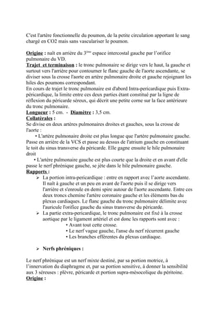 C'est l'artère fonctionnelle du poumon, de la petite circulation apportant le sang
chargé en CO2 mais sans vasculariser le poumon.

Origine : naît en arrière du 3ème espace intercostal gauche par l’orifice
pulmonaire du VD.
Trajet et terminaison : le tronc pulmonaire se dirige vers le haut, la gauche et
surtout vers l'arrière pour contourner le flanc gauche de l'aorte ascendante, se
diviser sous la crosse l'aorte en artère pulmonaire droite et gauche rejoignant les
hiles des poumons correspondant.
En cours de trajet le tronc pulmonaire est d'abord Intra-pericardique puis Extra-
péricardique, la limite entre ces deux parties étant constitué par la ligne de
réflexion du péricarde séreux, qui décrit une petite corne sur la face antérieure
du tronc pulmonaire.
Longueur : 5 cm. - Diamètre : 3,5 cm.
Collatérales :
Se divise en deux artères pulmonaires droites et gauches, sous la crosse de
l'aorte :
     • L'artère pulmonaire droite est plus longue que l'artère pulmonaire gauche.
Passe en arrière de la VCS et passe au dessus de l'atrium gauche en constituant
le toit du sinus transverse du péricarde. Elle gagne ensuite le hile pulmonaire
droit
    • L'artère pulmonaire gauche est plus courte que la droite et en avant d'elle
passe le nerf phrénique gauche, se jète dans le hile pulmonaire gauche.
Rapports :
       La portion intra-pericardique : entre en rapport avec l’aorte ascendante.
          Il naît à gauche et un peu en avant de l'aorte puis il se dirige vers
          l'arrière et s'enroule en demi spire autour de l'aorte ascendante. Entre ces
          deux troncs chemine l'artère coronaire gauche et les éléments bas du
          plexus cardiaques. Le flanc gauche du tronc pulmonaire délimite avec
          l'auricule l'orifice gauche du sinus transverse du péricarde.
       La partie extra-pericardique, le tronc pulmonaire est fixé à la crosse
          aortique par le ligament artériel et est donc les rapports sont avec :
                        • Avant tout cette crosse.
                        • Le nerf vague gauche, l'anse du nerf récurrent gauche
                        • Les branches efférentes du plexus cardiaque.

      Nerfs phréniques :

Le nerf phrénique est un nerf mixte destiné, par sa portion motrice, à
l’innervation du diaphragme et, par sa portion sensitive, à donner la sensibilité
aux 3 séreuses : plèvre, péricarde et portion supra-mésocolique du péritoine.
Origine :
 