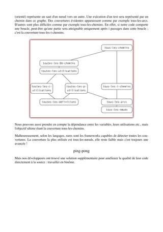 (orienté) représente un saut d'un nœud vers un autre. Une exécution d'un test sera représenté par un
chemin dans ce graphe. Des couvertures évidentes apparaissent comme par exemple tous-les-arcs.
D'autres sont plus difﬁciles comme par exemple tous-les-chemins. En effet, si notre code comporte
une boucle, peut-être qu'une partie sera atteignable uniquement après i passages dans cette boucle ;
c'est la couverture tous-les-i-chemins.



                                                                    tous-les-chemins




                     toutes-les-DU-chemins

                    toutes-les-utilisations




            toutes-les-c-              toutes-les-p-               tous-les-i-chemins
             utilisations               utilisations



                    toutes-les-définitions                            tous-les-arcs

                                                                     tous-les-nœuds




Nous pouvons aussi prendre en compte la dépendance entre les variables, leurs utilisations etc., mais
l'objectif ultime étant la couverture tous-les-chemins.

Malheureusement, selon les langages, rares sont les frameworks capables de détecter toutes les cou-
vertures. La couverture la plus utilisée est tous-les-nœuds, elle reste faible mais c'est toujours une
avancée !

                                            ping-pong
Mais nos développeurs ont trouvé une solution supplémentaire pour améliorer la qualité de leur code
directement à la source : travailler en binôme.
 