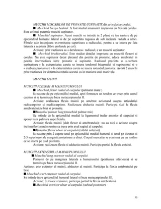 MUSCHII MISCARILOR DE PRONATIE-SUPINATIE din articulatia cotului.
s Muschiul biceps brahial. A fost studiat amanuntit impreuna cu flexorii cotului.
Este cel mai puternic muschi supinator.
s Muschiul supinator. Acest muschi se intinde in 2 plane ce iau nastere de pe
epicondilul humeral lateral si de pe suprafata rugoasa de sub incizura radiala a ulnei.
Fibrele sale inconjoara extremitatea superioara a radiusului, pentru a se insera pe fata
laterala a acestuia (fibre profunde pe col).
Actiune: prin tractiunea sa « deruleaza« radiusul; e un muschi supinator.
s Muschiul brahioradial. Este studiat detailat impreuna cu muschii flexori ai
cotului. Nu este supinator decat plecand din pozitia de pronatie; aduce antebratul in
pozitie intermediara intre pronatie si supinatie. Radiusul prezinta o « curbura
supinatoare » la extremitatea careia se insera tendonul bicepsului si supinatorul si o
« curbura pronatoare » la extremitatea careia se insera rotundul pronator. Acesti 2 muschi
prin tractiunea lor determina rotatia acestui os in maniera unei manivele.
MUSCHII MAINII
MUSCHII FLEXORI AI MAINII/PUMNULUI
s Muschiul flexor radial al carpului (palmarul mare )
Ia nastere de pe epicondilul medial, apoi formeaza un tendon ce trece prin santul
carpian si se termina pe baza metacarpianului II.
Actiune: realizeaza flexia mainii pe antebrat actionand asupra articulatiei
radiocarpiene si mediocarpiene. Realizeaza abductia mainii. Participa slab la flexia
antebratului pe brat si pronatie.
sMuschiul palmar lung (muschiul palmar mic)
Se intinde de la epicondilul medial la ligamentul inelar anterior al carpului si
aponevroza palmara superficiala.
Actiune: flexia mainii (slab flexor al antebratului) ; nu au nici o actiune asupra
inclinarilor laterale pentru ca trece prin axul sagital al carpului.
sMuschiul flexor ulnar al carpului (cubital anterior)
Ia nastere prin 2 capete unul pe epicondilul medial humeral si unul pe olecran si
2/3 superioare ale marginii posterioare a ulnei. Corpul muscular se continua cu un tendon
ce se insera pe osul pisiform.
Actiune: realizeaza flexia si adductia mainii. Participa partial la flexia cotului.
MUSCHII EXTENSORI AI MAINII/PUMNULUI
s Muschiul lung extensor radial al carpului
Porneste de pe marginea laterala a humerusului (portiunea inferioara) si se
termina pe baza metacarpianului II.
Actiune: este extensor al mainii, abductor al mainii. Participa la flexia antebratului pe
brat.
s Muschiul scurt extensor radial al carpului
Se intinde intre epicondilul humeral lateral si baza metacarpianului III.
Actiune: extensor al mainii, participa partial la flexia antebratului.
s Muschiul extensor ulnar al carpului (cubital posterior)

50

 