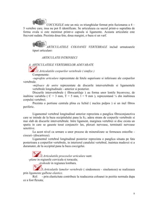 COCCIGELE este un mic os triunghiular format prin fuzionarea a 4 –
5 vertebre care, insa nu pot fi identificate. Se articuleaza cu sacrul printr-o suprafata de
forma ovala si este mentinut printr-o capsula si ligamente. Aceasta articulatie este
frecvent sudata. Prezinta doua fete, doua margini, o baza si un varf.

ARTICULATIILE COLOANEI VERTEBRALE includ urmatoarele
tipuri articulare:
ARTICULATII INTRINSECI
A. ARTICULATIILE VERTEBRELOR ADEVARATE
1.Articulatiile corpurilor vertebrale ( simfize )
Componente:
-suprafete articulare reprezentate de fetele superioare si inferioare ale corpurilor
vertebrale.
-mijloace de unire reprezentate de discurile intervertebrale si ligamentele
vertebrale longitudinale - anterior si posterior.
Discurile intervertebrale ( fibrocartilaje ) au forma unor lentile biconvexe, de
inaltime variabila ( C = 3 mm, T = 5 mm, l = 9 mm ), reprezentand ¼ din inaltimea
corpului vertebrei.
Prezinta o portiune centrala plina cu lichid ( nucleu pulpos ) si un inel fibros
periferic.
Ligamentul vertebral longitudinal anterior reprezinta o panglica fibroconjunctiva
care se intinde de la baza occipitalului pana la S2; adera strans de corpurile vertebrale si
mai slab de discurile intervertebrale. Intre ligament, marginea vertebrei si disc exista un
spatiu in care se gaseste tesut conjunctiv lax, plexuri nervoase, terminatii nervoase
senzitive.
La acest nivel ca urmare a unor procese de mineralizare se formeaza osteofite ciocuri- (discartroze).
Ligamentul vertebral longitudinal posterior reprezinta o panglica situata pe fata
posterioara a corpurilor vertebrale, in interiorul canalului vertebral, inaintea maduvei si a
duramater, de la occipital pana la baza coccigelui.
2.Articulatiile proceselor articulare sunt:
-plane in regiunile cervicala si toracala;
-trohoide in regiunea lombara.
3.Articulatile lamelor vertebrale ( sindesmoze - sinelastoze) se realizeaza
prin ligamente galbene elastice.
Rol: - prin elasticitate contribuie la readucerea coloanei in pozitie normala dupa
ce a fost flexata;

9

 