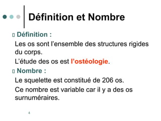 4
Définition et Nombre
Définition :
Les os sont l’ensemble des structures rigides
du corps.
L’étude des os est l’ostéologie.
Nombre :
Le squelette est constitué de 206 os.
Ce nombre est variable car il y a des os
surnuméraires.
 