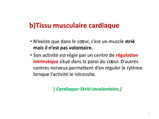 5
b)Tissu musculaire cardiaque
• N’existe que dans le cœur, c’est un muscle strié
mais il n’est pas volontaire.
• Son activité est régie par un centre de régulation
intrinsèque situé dans la paroi du cœur. D’autres
centres nerveux permettent d’en réguler le rythme
lorsque l’activité le nécessite.
( Cardiaque-Strié-Involontaire.)
 