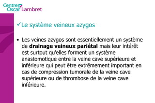 Les veines azygos sont essentiellement un système de  drainage veineux pariétal  mais leur intérêt est surtout qu'elles forment un système anastomotique entre la veine cave supérieure et inférieure qui peut être extrêmement important en cas de compression tumorale de la veine cave supérieure ou de thrombose de la veine cave inférieure. Le système veineux azygos 