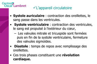 Systole auriculaire  : contraction des oreillettes, le sang passe dans les ventricules. Systole ventriculaire  : contraction des ventricules, le sang est propulsé à l’extérieur du cœur, Les valvules mitrale et tricuspide sont fermées puis en fin de la systole ventriculaire, fermeture des valvules sigmoïdes. Diastole  : temps de repos avec remplissage des oreillettes. Ces trois phases constituent une  révolution cardiaque. L’appareil circulatoire 