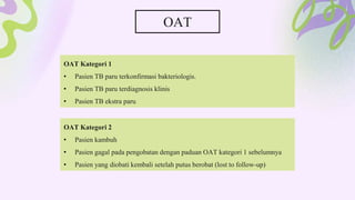 OAT Kategori 1
• Pasien TB paru terkonfirmasi bakteriologis.
• Pasien TB paru terdiagnosis klinis
• Pasien TB ekstra paru
OAT
OAT Kategori 2
• Pasien kambuh
• Pasien gagal pada pengobatan dengan paduan OAT kategori 1 sebelumnya
• Pasien yang diobati kembali setelah putus berobat (lost to follow-up)
 
