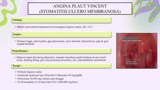 Etiologi:
• Bakteri spirochaeta/treponema krn kurangnya higiene mulut, def. vit C.
Gejala :
• Demam tinggi, sakit kepala, ggn pencernaan, nyeri dimulut, hipersalivasi, gigi & gusi
mudah berdarah.
Pemeriksaan :
• Mukosa mulut dan faring hiperemis, tampak memebran putih keabuan di atas tonsil,
uvula, dinding faring, gusi seta prosessus alveolaris, kel. submandibular memebesar
Terapi :
• Perbaiki higiene mulut
• Antibiotik spektrum luas (Penisilin G Benzatin 50 mg/kgBB,
• Eritromisin 4x500 mg) selama satu minggu
• Vit B kompleks (1-2x/hari) dan Vit C (200-600 mg/hari)
ANGINA PLAUT VINCENT
(STOMATITIS ULCERO MEMBRANOSA)
 
