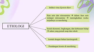 Peradangan kronis di nasofaring
Infeksi virus Epstein-Barr
Ikan asin dan nitrosamine  dalam ikan asin
terdapat nitrosamine  meningkatkan resiko
terjadinya ca nasofaring
Sosial ekonomi, lingkungan, dan kebiasaan hidup
 udara yang penuh asap dan rokok
kontak dengan bahan karsinogenik
ETIOLOGI
 