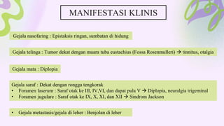 MANIFESTASI KLINIS
Gejala nasofaring : Epistaksis ringan, sumbatan di hidung
Gejala telinga : Tumor dekat dengan muara tuba eustachius (Fossa Rosenmulleri)  tinnitus, otalgia
Gejala mata : Diplopia
Gejala saraf : Dekat dengan rongga tengkorak
• Foramen laserum : Saraf otak ke III, IV,VI, dan dapat pula V  Diplopia, neuralgia trigeminal
• Foramen jugulare : Saraf otak ke IX, X, XI, dan XII  Sindrom Jackson
• Gejala metastasis/gejala di leher : Benjolan di leher
 