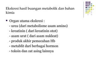 Ekskresi hasil buangan metabolik dan bahan
kimia
 Organ utama ekskresi :
- urea (dari metabolisme asam amino)
- kreatinin ( dari kreatinin otot)
- asam urat ( dari asam nukleat)
- produk akhir pemecahan Hb
- metablit dari berbagai hormon
- toksin dan zat asing lainnya
 