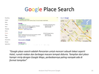 Google Place Search




“Google place search adalah Pencarian untuk mencari sebuah lokasi seperti
Hotel, rumah makan dan berbagai macam tempat didunia. Tampilan dari place
hampir mirip dengan Google Maps, perbedaannya paling nampak ada di
format tampilan”



                           Anatomi Hasil Pencarian Google                   10
 