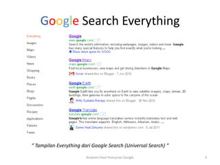 Google Search Everything




“ Tampilan Everything dari Google Search (Universal Search) “

                        Anatomi Hasil Pencarian Google          3
 