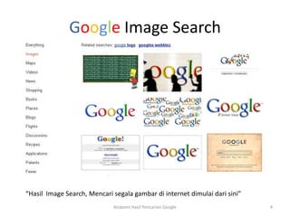 Google Image Search




“Hasil Image Search, Mencari segala gambar di internet dimulai dari sini”
                             Anatomi Hasil Pencarian Google                 4
 