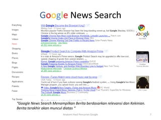 Google News Search




“Google News Search Menampilkan Berita berdasarkan relevansi dan Kekinian.
Berita terakhir akan muncul diatas “
                          Anatomi Hasil Pencarian Google                     7
 