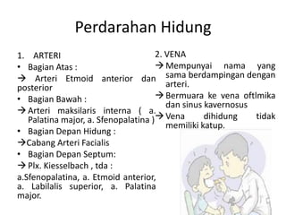 Perdarahan Hidung
1. ARTERI
• Bagian Atas :
 Arteri Etmoid anterior dan
posterior
• Bagian Bawah :
Arteri maksilaris interna ( a.
Palatina major, a. Sfenopalatina )
• Bagian Depan Hidung :
Cabang Arteri Facialis
• Bagian Depan Septum:
Plx. Kiesselbach , tda :
a.Sfenopalatina, a. Etmoid anterior,
a. Labilalis superior, a. Palatina
major.
2. VENA
Mempunyai nama yang
sama berdampingan dengan
arteri.
Bermuara ke vena oftlmika
dan sinus kavernosus
Vena dihidung tidak
memiliki katup.
 