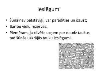 IeslēgumiŠūnā nav patstāvīgi, var parādīties un izzust;Barību vielu rezerves.Piemēram, ja cilvēks uzņem par daudz taukus, tad šūnās uzkrājās tauku ieslēgumi.