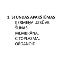 1. Stundas apakštēmasĶermeņa uzbūve. 	Šūnas.	Membrāna.	Citoplazma.	Organoīdi
