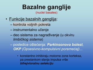 Bazalne ganglije
(nuclei basales)
• Funkcije bazalnih ganglija:
– kontrola voljnih pokreta
– instrumentalno učenje
– deo sistema za nagrađivanje (u okviru
limbičkog sistema)
– posledice oštećenja: Parkinsonova bolest,
OKP (Opsesivno-kompulsivni poremećaj)...
• konstantno inhibiraju motorne zone korteksa,
pa prestankom slanja impulsa vrše
bihejvioralnu selekciju
 