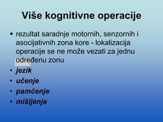 Više kognitivne operacije
 rezultat saradnje motornih, senzornih i
asocijativnih zona kore - lokalizacija
operacije se ne može vezati za jednu
određenu zonu
• jezik
• učenje
• pamćenje
• mišljenje
 