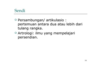 19
Sendi
 Persambungan/ artikulasio :
pertemuan antara dua atau lebih dari
tulang rangka.
 Artrologi: ilmu yang mempelajari
persendian.
 