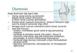 24
Diartrosis
Pada diartrosis tdp bgn2 sbb:
1. Ujung-ujung tulang yg bersendi:
kepala sendi (caput articulare)
& lekuk sendi (cavitas glenoidalis)
2. Simpai sendi (capsula articularis): stratum fibrosum (bgn
luar) & stratum synoviale (bgn dlm)
3. Rongga sendi (cavum articulare) berisi cairan synovial
4. Alat-alat khusus:
- tendon: membatasi gerak sendi & sbg penyokong
mekanik
- kartilago & bantalan lemak (fat pads): discus &
meniscus articulares sbg alat menerima tumbukan,
penyangga, & untuk mengurangi diskongruen
- kandung sega (bursae mucosae) untuk memudahkan
gerakan sendi
- ligament (accessories, extracapsular, & intracapsular
ligaments)
 