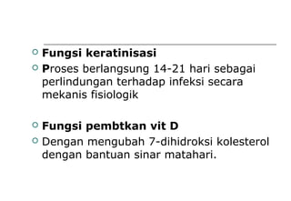  Fungsi keratinisasi
 Proses berlangsung 14-21 hari sebagai
perlindungan terhadap infeksi secara
mekanis fisiologik
 Fungsi pembtkan vit D
 Dengan mengubah 7-dihidroksi kolesterol
dengan bantuan sinar matahari.
 