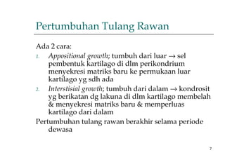 7
Pertumbuhan Tulang Rawan
Ada 2 cara:
1. Appositional growth; tumbuh dari luar → sel
pembentuk kartilago di dlm perikondrium
menyekresi matriks baru ke permukaan luar
kartilago yg sdh ada
2. Interstisial growth; tumbuh dari dalam → kondrosit
yg berikatan dg lakuna di dlm kartilago membelah
& menyekresi matriks baru & memperluas
kartilago dari dalam
Pertumbuhan tulang rawan berakhir selama periode
dewasa
 