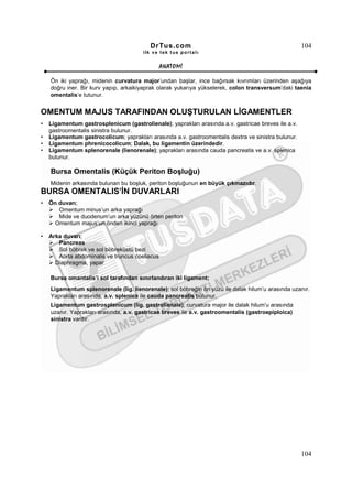 DrTus.com                                                  104
                                       ilk ve tek t us portalı


                                                ANAT OMĐ

    Ön iki yaprağı, midenin curvatura major’undan başlar, ince bağırsak kıvrımları üzerinden aşağıya
    doğru iner. Bir kurv yapıp, arkaikiyaprak olarak yukarıya yükselerek, colon transversum’daki taenia
    omentalis’e tutunur.


OMENTUM MAJUS TARAFINDAN OLUŞTURULAN LĐGAMENTLER
•   Ligamentum gastrosplenicum (gastrolienale); yaprakları arasında a.v. gastricae breves ile a.v.
    gastroomentalis sinistra bulunur.
•   Ligamentum gastrocolicum; yaprakları arasında a.v. gastroomentalis dextra ve sinistra bulunur.
•   Ligamentum phrenicocolicum; Dalak, bu ligamentin üzerindedir.
•   Ligamentum splenorenale (lienorenale); yaprakları arasında cauda pancreatis ve a.v. splenica
    bulunur.

    Bursa Omentalis (Küçük Periton Boşluğu)
    Midenin arkasında bulunan bu boşluk, periton boşluğunun en büyük çıkmazıdır.
BURSA OMENTALIS’ĐN DUVARLARI
•   Ön duvarı;
       Omentum minus’un arka yaprağı
       Mide ve duodenum’un arka yüzünü örten periton
      Omentum majus’un önden ikinci yaprağı

•   Arka duvarı;
       Pancreas
       Sol böbrek ve sol böbreküstü bezi
       Aorta abdominalis ve truncus coeliacus
      Diaphragma, yapar

    Bursa omantalis’i sol tarafından sınırlandıran iki ligament;
    Ligamentum splenorenale (lig. lienorenale); sol böbreğin ön yüzü ile dalak hilum’u arasında uzanır.
    Yaprakları arasında, a.v. splenica ile cauda pancreatis bulunur.
    Ligamentum gastrosplenicum (lig. gastrolienale); curvatura major ile dalak hilum’u arasında
    uzanır. Yaprakları arasında, a.v. gastricae breves ile a.v. gastroomentalis (gastroepiploica)
    sinistra vardır.




                                                                                                     104
 