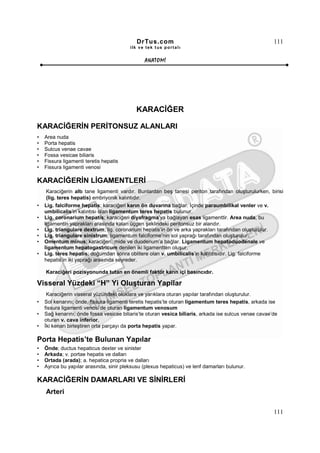 DrTus.com                                                  111
                                         ilk ve tek t us portalı


                                                ANAT OMĐ




                                            KARACĐĞER

KARACĐĞERĐN PERĐTONSUZ ALANLARI
•   Area nuda
•   Porta hepatis
•   Sulcus venae cavae
•   Fossa vesicae biliaris
•   Fissura ligamenti teretis hepatis
•   Fissura ligamenti venosi

KARACĐĞERĐN LĐGAMENTLERĐ
     Karaciğerin altı tane ligamenti vardır. Bunlardan beş tanesi periton tarafından oluşturulurken, birisi
     (lig. teres hepatis) embriyonik kalıntıdır.
•   Lig. falciforme hepatis; karaciğeri karın ön duvarına bağlar. Đçinde paraumbilikal venler ve v.
    umbilicalis’in kalıntısı olan ligamentum teres hepatis bulunur.
•   Lig. coronarium hepatis; karaciğeri diyafragma’ya bağlayan esas ligamenttir. Area nuda, bu
    ligamentin yaprakları arasında kalan üçgen şeklindeki peritonsuz bir alandır.
•   Lig. triangulare dextrum; lig. coronarium hepatis’in ön ve arka yaprakları tarafından oluşturulur.
•   Lig. triangulare sinistrum; ligamentum falciforme’nin sol yaprağı tarafından oluşturulur.
•   Omentum minus; karaciğeri, mide ve duodenum’a bağlar. Ligamentum hepatoduodenale ve
    ligamentum hepatogastricum denilen iki ligamentten oluşur.
•   Lig. teres hepatis; doğumdan sonra oblitere olan v. umbilicalis’in kalıntısıdır. Lig. falciforme
    hepatis’in iki yaprağı arasında seyreder.

    Karaciğeri pozisyonunda tutan en önemli faktör karın içi basıncıdır.

Visseral Yüzdeki “H” Yi Oluşturan Yapilar
     Karaciğerin visseral yüzündeki oluklara ve yarıklara oturan yapılar tarafından oluşturulur.
•   Sol kenarını; önde, fissura ligamenti teretis hepatis’te oturan ligamentum teres hepatis, arkada ise
    fissura ligamenti venosi’de oturan ligamentum venosum
•   Sağ kenarını; önde fossa vesicae biliaris’te oturan vesica biliaris, arkada ise sulcus venae cavae’de
    oturan v. cava inferior,
•   Đki kenarı birleştiren orta parçayı da porta hepatis yapar.

Porta Hepatis’te Bulunan Yapılar
•   Önde; ductus hepaticus dexter ve sinister
•   Arkada; v. portae hepatis ve dalları
•   Ortada (arada); a. hepatica propria ve dalları
•   Ayrıca bu yapılar arasında, sinir pleksusu (plexus hepaticus) ve lenf damarları bulunur.

KARACĐĞERĐN DAMARLARI VE SĐNĐRLERĐ
    Arteri

                                                                                                       111
 