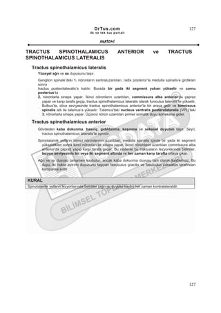 DrTus.com                                                      127
                                        ilk ve tek t us portalı


                                               ANAT OMĐ

TRACTUS   SPINOTHALAMICUS                                 ANTERIOR                ve        TRACTUS
SPINOTHALAMICUS LATERALIS
  Tractus spinothalamicus lateralis
      Yüzeyel ağrı ve ısı duyusunu taşır.
      Ganglion spinale’deki 1. nöronların santraluzantıları, radix posterior’la medulla spinalis’e girdikten
      sonra
      tractus posterolateralis’e katılır. Burada bir yada iki segment yukarı yükselir ve cornu
      posterius’ta
      2. nöronlarla sinaps yapar. Đkinci nöronların uzantıları, commissura alba anterior’da çapraz
         yapar ve karşı tarafa geçip, tractus spinothalamicus lateralis olarak funiculus lateralis’te yükselir.
         Bulbus’ta, oliva seviyesinde tractus spinothalamicus anterior’la bir araya gelir ve lemniscus
         spinalis adı ile talamus’a yükselir. Talamus’taki nucleus ventralis posterolateralis (VPL)’teki
         3. nöronlarla sinaps yapar. Üçüncü nöron uzantıları primer somatik duyu korteksine gider.

  Tractus spinothalamicus anterior
      Gövdeden kaba dokunma, basınç, gıdıklanma, kaşınma ve seksüel duyuları taşır. Seyri,
        tractus spinothalamicus lateralis’le aynıdır.
      Spinotalamik yolların birinci nöronlarının uzantıları, medulla spinalis içinde bir yada iki segment
        yükseldikten sonra ikinci nöronları ile sinaps yapar. Đkinci nöronların uzantıları commissura alba
        anterior’da çapraz yapıp karşı tarafa geçer. Bu nedenle bu traktusların lezyonlarında belirtiler,
        lezyon seviyesinin bir veya iki segment altında ve her zaman karşı tarafta ortaya çıkar.
      Ağrı ve ısı duyusu tamamen kaybolur, ancak kaba dokunma duyusu tam olarak kaybolmaz. Bu
        duyu, iki nokta ayırımı duyusunu taşıyan fasciculus gracilis ve fasciculus cuneatus tarafından
        kompanse edilir.


KURAL
Spinotalamik yolların lezyonlarında belirtiler (ağrı-ısı duyusu kaybı) her zaman kontralateraldir.




                                                                                                          127
 