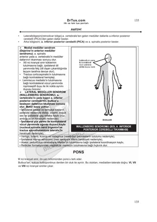 DrTus.com                                                      135
                                            ilk ve tek t us portalı


                                                   ANAT OMĐ

•      Lateralbölgesini(retroolivar bölge);a. vertebralis’ten gelen medüller dallarile a.inferior posterior
       cerebelli (PICA)’den gelen dallar besler.
•      Arka bölgesini; a. inferior posterior cerebelli (PICA) ve a. spinalis posterior besler.

         Medial medüller sendrom
    (Dejerine’in anterior medüller
    sendromu); a. spinalis
    anterior yada a. vertebralis’in medüller
    dallarının tıkanması sonucu olur.
    • XII nci kranyal sinir köklerinin
        tutulmasına bağlı, ipsilateral dil
        yarımında felç (dil dışarı çıkarıldığında
        lezyon tarafına deviye olur),
    • Tractus corticospinalis’in tutulmasına
        bağlı kontralateral hemipleji,
    • Lemniscus medialis’in tutulmasına
        bağlı kontralateral vücut yarımında
        roprioseptif duyu ile iki nokta ayrımı
        duyusu bozulur.
          LATERAL MEDÜLLER SENDROM
    (WALLENBERG SENDROMU); a.
    vertebralis’in yada bazen a. inferior
    posterior cerebelli’nin, bulbus’u
    besleyen dallarının tıkanması sonucu
    olur. Motor kayıp yoktur.
    • Đpsilateral palatal ve laringeal kasların
    paralizisi nedeniyle disfaji, dizartri, boğuk
    ses ve ipsilateral gag refleksi kaybı (nuc.
    ambiguus’un harabiyeti nedeniyle)
    • Đpsilateral yüz yarımı ile kontralateral
    vücut yarımında ağrı-ısı duyusu kaybı
    (nucleus spinalis nervi trigemini ve
    tractus spinothalamicus lateralis’in
    harabiyeti nedeniyle),
    • Vertigo, bulantı, kusma ve nistagmus (vestibüler çekirdeklerin tutulumu nedeniyle),
    • Đpsilateral Horner sendromu (inen sempatik liflerin harabiyeti nedeniyle),
    • Ataksi; pedunculus cerebellaris inferior’un tutulmasına bağlı ipsilateral koordinasyon kaybı,
    • Retiküler formasyondaki respiratuar merkezin tutulmasına bağlı hıçkırık olur.

                                                     PONS
V nci kranyal sinir, ön-yan bölümünden pons’u terk eder.
Bulbus’tan, sulcus bulbopontinus denilen bir oluk ile ayrılır. Bu oluktan, medialden-laterale doğru; VI, VII
ve VIII nci kranyal sinirler çıkar.




                                                                                                              135
 