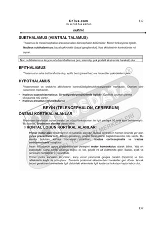DrTus.com                                                      139
                                            ilk ve tek t us portalı


                                                   ANAT OMĐ

SUBTHALAMUS (VENTRAL TALAMUS)
      Thalamus ile mesencephalon arasında kalan diencephalon bölümüdür. Motor fonksiyonla ilgilidir.
      Nucleus subthalamicus; bazal çekirdektir (bazal gangliondur). Kas aktivitesinin kontrolünde rol
      oynar.

    Nuc. subthalamicus lezyonunda hemiballismus (ani, istemdışı çok şiddetli ekstremite hareketi) olur.

EPITHALAMUS
      Thalamus’un arka üst tarafında olup, epifiz bezi (pineal bez) ve habenüler çekirdekleri içerir.


HYPOTHALAMUS
      Visseromotor ve endokrin aktivitelerin kontrolüileilgilimultifonksiyonelbir merkezdir. Otonom sinir
      sisteminin merkezidir.
•    Nucleus suprachiasmaticus; Sirkadiyan(biyolojik)ritmle ilgilidir. Özellikle uyuma/uyanma
     siklusunda rolü vardır.
•    Nucleus arcuatus (infundibularis)

                       BEYĐN (TELENCEPHALON, CEREBRUM)
ÖNEMLĐ KORTĐKAL ALANLAR
      Brodmann tarafından cortex cerebri’de, vücut fonksiyonları ile ilgili yaklaşık 50 tane alan belirlenmiştir.
      Bu alanlar, Brodmann alanları olarak bilinir.
       FRONTAL LOBUN KORTĐKAL ALANLARI
           Primer motor alan; Brodmann’ın 4 numaralı alanıdır. Sulcus centralis’in hemen önünde yer alan
           gyrus precentralis’tedir. Beceri gerektiren, istemli hareketlerin başlatılmasında rolü vardır. Bu
           alanda bulunan kortikal hücrelerin uzantıları, tractus corticospinalis ve tractus
           corticonuclearis’i oluşturur.
           Đnsan vücudunun gyrus precentralis’teki yerleşimi motor homonkulus olarak bilinir. Yüz en
           aşağıdadır. Daha sonra yukarıya doğru; el, kol, gövde ve alt ekstremite gelir. Bacak, ayak ve
           perineum hemisferin iç yüzündedir.
           Primer motor korteksin lezyonları, karşı vücut yarımında gevşek paralizi (hipotoni) ve tüm
           reflekslerin kaybı ile sonuçlanır. Zamanla proksimal eklemlerdeki hareketler geri döner. Ancak
           beceri gerektiren hareketlerle ilgili distaldeki eklemlerle ilgili kaslarda fonksiyon kaybı kalıcı olur.




                                                                                                              139
 