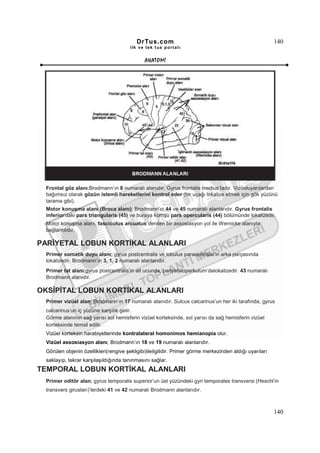 DrTus.com                                                      140
                                        ilk ve tek t us portalı


                                               ANAT OMĐ




  Frontal göz alanı;Brodmann’ın 8 numaralı alanıdır. Gyrus frontalis medius’tadır. Vizüeluyarılardan
  bağımsız olarak gözün istemli hareketlerini kontrol eder (bir uçağı lokalize etmek için gök yüzünü
  tarama gibi).
  Motor konuşma alanı (Broca alanı); Brodmann’ın 44 ve 45 numaralı alanlarıdır. Gyrus frontalis
  inferior’daki pars triangularis (45) ve buraya komşu pars opercularis (44) bölümünde lokalizedir.
  Motor konuşma alanı, fasciculus arcuatus denilen bir assosiasyon yol ile Wernicke alanıyla
  bağlantılıdır.

PARĐYETAL LOBUN KORTĐKAL ALANLARI
  Primer somatik duyu alanı; gyrus postcentralis ve lobulus paracentralis’in arka parçasında
  lokalizedir. Brodmann’ın 3, 1, 2 numaralı alanlarıdır.
  Primer tat alanı;gyrus postcentralis’in alt ucunda, pariyetaloperkulum’dalokalizedir. 43 numaralı
  Brodmann alanıdır.

OKSĐPĐTAL LOBUN KORTĐKAL ALANLARI
  Primer vizüel alan; Brodmann’ın 17 numaralı alanıdır. Sulcus calcarinus’un her iki tarafında, gyrus
  calcarinus’un iç yüzüne karşılık gelir.
  Görme alanının sağ yarısı sol hemisferin vizüel korteksinde, sol yarısı da sağ hemisferin vizüel
  korteksinde temsil edilir.
  Vizüel korteksin harabiyetlerinde kontralateral homonimos hemianopia olur.
  Vizüel assosiasyon alanı; Brodmann’ın 18 ve 19 numaralı alanlarıdır.
  Görülen objenin özellikleri(rengive şekligibi)ileilgilidir. Primer görme merkezinden aldığı uyarıları
  saklayıp, tekrar karşılaşıldığında tanınmasını sağlar.
TEMPORAL LOBUN KORTĐKAL ALANLARI
  Primer oditör alan; gyrus temporalis superior’un üst yüzündeki gyri temporales transversi (Heschl’in
  transvers girusları)’lerdeki 41 ve 42 numaralı Brodmann alanlarıdır.



                                                                                                          140
 