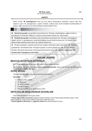 DrTus.com                                                      160
                                          ilk ve tek t us portalı


                                                 ANAT OMĐ

   Motor sinirdir. M. palatoglossus hariç (bu kas plexus pharyngeus tarafından uyarılır) dilin tüm
   kaslarını uyarır. M. genioglossus’u uyaran nöronlar, sadece karşı taraf korteksten kortikonüklear lif
   alırken, diğer nöronlar her iki taraf korteksten kortikonüklear lif alır.



     Santral tip paralizi; supranüklear lezyonlarda olur. Dil dışarı çıkartıldığında, sağlam tarafın m.
 genioglossus’u tarafından itildiği için, lezyonun karşı tarafına deviye olur. Atrofi yoktur.
      Periferik tip paralizi; intranüklear yada infranüklear lezyonlarda olur. Dil dışarı çıkartıldığında,
 sağlam tarafın m. genioglossus’u tarafındanitildiğiiçin,lezyon tarafına deviye olur. Ek olarak o taraf
 dilyarımındaki kaslarda atrofi vardır. Bu nedenle dizartri olur.
     Dil ağız içindeyken, paralizik taraf dil yarısı sağlam tarafa göre daha yukarıdadır.       Bilateral
 paralizilerde, dil hareketsiz kalır. Konuşma yavaştır ve yutma güçlüğü olur.        N. hypoglossus
 felcinde, dilin genel duyusunda ve tat duyusunda bozulma olmaz.           La-la-la, söylenmesi dili
 hareket ettirir (hipoglossus test edilir).


                                          KULAK (AURIS)
MEATUS ACUSTICUS EXTERNUS
   Dış 1/3’lük bölümü elastik kıkırdak, içte kalan 2/3’lük bölümü kemiktir.
   Kanalın ön ve üst duvarlarının duyusunu n. auriculotemporalis, arka ve alt duvarlarının duyusunu da
   n. vagus’un auriküler dalı taşır.
AURIS MEDIA
   Temporal kemiğin petroz parçasında düzensiz bir boşluktur.
   Đçerisinde;
          Malleus, incus, stapes
          M. stapedius
          M. tensor tympani
          Chorda tympani
          Plexus tympanicus (n. tympanicus) vardır.

ORTA KULAK BOŞLUĞUNUN DUVARLARI
    Orta kulak boşluğunun altı duvarı vardır.
• Paries tegmentalis (üst duvar); tegmen tympani denilen ince bir kemik plak tarafından yapılır. Orta
kulak boşluğunu, fossa cranii media’yı örten dura mater’den ayırır.
• Paries jugularis (alt duvar); v. jugularis interna ile cavitas tympani’yi ayırır.




                                                                                                             160
 