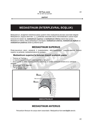 DrTus.com                                                    69
                                             ilk ve tek t us portalı


                                                   ANAT OMĐ




Mediyastinum, akciğerlerin birbirlerine bakan yüzlerini örten mediyastinal plevralar arasındaki bölgedir.
Mediyastinum, angulus sterni’den, T -T vertebralar arasındaki discus intervertebralis’e uzanan hayali
                                     4   5
transvers bir düzlem ile, mediastinum superius ve mediastinum inferius olarak ikiye ayrılır.
Mediastinum inferius, fibröz perikardiyum aracılığıyla; mediastinum anterius, mediastinum medium ve
mediastinum posterius olarak üç bölüme ayrılır.


                                MEDIASTINUM SUPERIUS
Önde;manubrium sterni, arkada;ilk 4 torakalvertebra, altta;hayalidüzlem, yukarıda;apertura thoracis
superior ve yanlarda; mediastinal plevra ile sınırlanır.

   Mediastinum superius’ta bulunan önemli anatomik yapılar
• Thymus ve Trachea
• V. brachiocephalica’lar ve V. cava superior’un üst yarısı
• Arcus aortae ve dalları (truncus brachiocephalicus, a. carotis communis sinistra ve a. subclavia
sinistra)
• Oesophagus ve N. vagus’lar
• Ductus thoracicus
    •     N. phrenicus’lar




                                MEDIASTINUM ANTERIUS
        Pericardium fibrosum ile corpus sterni arasındadır. Mediyastinum’ların en küçük olanıdır.




                                                                                                            69
 