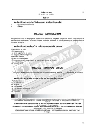 DrTus.com                                                      70
                                            ilk ve tek t us portalı


                                                   ANAT OMĐ

      Mediastinum anterius’ta bulunan anatomik yapılar
•          Ligg. sternopericardiacae
•          Thymus



                                       MEDIASTINUM MEDIUM
Mediyastinum’ların en büyüğü ve mediastinum inferius’un en geniş parçasıdır. Fibröz perikardiyum ile
mediastinum anterius’tan, bifurcatio trachea, pulmonal damarlar ve fibröz perikardiyum ile mediastinum
posterius’tan ayrılır.

      Mediastinum medium’da bulunan anatomik yapılar
• Pericardium ve kalp
• Aorta ascendens
• V. cava superior’un alt yarısı
• V. azygos’un terminal parçası
• Bifurcatio trachea
• Bronchus principalis’ler
• Truncus pulmonalis ve uç dalları (a. pulmonalis dextra ve sinistra)
• Vv. pulmonales
• N. phrenicus’lar

                                  MEDIASTINUM POSTERIUS
    Önde; fibröz perikardiyum, bifurcatio trachea, pulmonal damarlar, arkada; T -T12 vertebralar ile sınırlanır.
                                                                                  5




      Mediastinum posterius’ta bulunan anatomik yapılar
• Aorta thoracica
• Ductus thoracicus
• V. azygos
• V. hemiazygos
• V. hemiazygos accessoria
• Oesophagus
• N. vagus’lar




       HEM MEDIASTINUM SUPERIUS HEM DE MEDIASTINUM ANTERIUS’TA BULUNAN ANATOMĐK YAPI
                                              Thymus
      HEM MEDIASTINUM SUPERIUS HEM DE MEDIASTINUM MEDIUM’DA BULUNAN ANATOMĐK YAPILAR
                                 N. phrenicus’lar - V. cava superior
     HEM MEDIASTINUM SUPERIUS HEM DE MEDIASTINUM POSTERIUS’TA BULUNAN ANATOMĐK YAPILAR
                            Oesophagus - Ductus thoracicus - N. vagus’lar
       HEM MEDIASTINUM MEDIUM HEM DE MEDIASTINUM POSTERIUS’TA BULUNAN ANATOMĐK YAPI
                                            V. azygos




                                                                                                              70
 