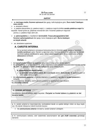 DrTus.com                                                      77
                                           ilk ve tek t us portalı


                                                  ANAT OMĐ

    a. meningea media; foramen spinosum’dan geçip, kafa boşluğuna girer. Dura mater’i besleyen
   esas arterdir.
    a. alveolaris inferior;
    a. palatina descendens (a. palatina major); n. palatinus major’la birlikte canalis palatinus major’da
seyreder. Kanal içinde aa. palatinae minores’leri verir. Foramen palatinum majus’tan
   çıkınca, a. palatina major adını alır.
      a. sphenopalatina; a. maxillaris’in terminalidir. Fossa pterygopalatina’daki
     foramen sphenopalatinum dan geçip, burun boşluğuna gelir. Burnu besleyen
     en büyük arterdir.

      aa. alveolares superiores

       A. CAROTIS INTERNA
           Đlk üç servikal vertebranın processus transversus’larının önünden geçip, temporal kemikteki
           canalis caroticus’a girer. Kanalın iç ağzından çıkıp, foramen lacerum’un çatısından ve sfenoid
           kemikteki sulcus caroticus’tan geçip, sinus cavernosus’a girer. Sinus cavernosus içinde n.
           abducens’le birliktedir.

           Dalları
•    A. hypophysialis inferior ve superior; sinus cavernosus içinde verdiği dallardır.
•    A. ophthalmica; a. carotis interna’nın, sinus cavernosus’u terk ederken subaraknoidal boşlukta verdiği
     ilk daldır. N. opticus’la birlikte canalis opticus’tan geçip orbita’ya girer.

          A. ophthalmica’nın önemli dalları;
               a. centralis retinae (Zinn arteri); ilk ve en küçük dalıdır. End arterdir. N. opticus’a girer ve
                sinir içinde retina’ya gelir.
• A. communicans posterior; a. carotis interna’yı, a. basilaris’in dalı olan a. cerebri posterior’a
   birleştirir.
• N. oculomotorius, en çok a. communicans posterior’un anevrizmasından etkilenir.
• A. choroidea anterior



    • A. CEREBRI ANTERIOR
    Hemisferiniç yüzünde arkaya doğru seyreder. Pariyetal ve frontal lobların iç yüzlerini ve üst
    kenarını besler.




       A. cerebri anterior’un tıkanmalarında, kontralateral bacak ve ayakta belirgin motor ve duyu kaybı
    olur. Ek olarak miksiyonun istemli kontrolü bozulur.
           A. communicans anterior; iki taraf a. cerebri anterior’u birleştirir.



      A. communicans anterior, sinir sisteminde anevrizmaların en çok (%40 oranında) görüldüğü
    damardır.



                                                                                                             77
 
