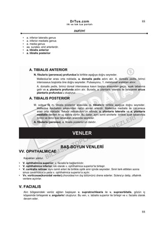 DrTus.com                                                            88
                                            ilk ve tek t us portalı


                                                   ANAT OMĐ

    •   a. inferior lateralis genus
    •   a. inferior medialis genus
    •   a. media genus
    •   aa. surales; end arterlerdir.
    •   a. tibialis anterior
    •   a. tibialis posterior




          A. TIBIALIS ANTERIOR
              N. fibularis (peroneus) profundus’la birlikte aşağıya doğru seyreder.
                 Malleolus’lar arası orta noktada, a. dorsalis pedis adını alır. A. dorsalis pedis, birinci
                 interosseus boşlukta öne doğru seyreder. Pulsasyonu, 1. metatarsal aralıktan alınır.
                 A. dorsalis pedis, birinci dorsal interosseus kasın başları arasından geçip, ayak tabanına
                 gelir ve a. plantaris profunda adını alır. Burada, a. plantaris lateralis ile birleşerek arcus
                 plantaris profundus’u oluşturur.

          A. TIBIALIS POSTERIOR
              M. soleus ile m. tibialis posterior arasında, n. tibialis’le birlikte aşağıya doğru seyreder.
                Malleolus medialisin arkasından nabzı alınan arterdir. Malleolus medialis ile calcaneus
                arası orta noktada, fleksör retinakulum’un altında, a. plantaris lateralis ve a. plantaris
                medialis denilen iki uç dalına ayrılır. Bu dallar, aynı isimli sinirlerle birlikte ayak tabanında
                birinci ve ikinci kas tabakaları arasında seyreder.
              A. fibularis (peronea), a. tibialis posterior’un dalıdır.




                                        BAŞ-BOYUN VENLERĐ
VV. OPHTHALMICAE
    Kapakları yoktur.
•   V. ophthalmica superior; v. facialis’le bağlantılıdır.
•   V. ophthalmica inferior; sık olarak v. ophthalmica superior’la birleşir.
•   V. centralis retinae; aynı isimli arteri ile birlikte optik sinir içinde seyreder. Siniri terk ettikten sonra
    sinus cavernosus’a yada v. ophthalmica superior’a açılır.
•   Vv. vorticosae(koroidal venler);choroidea’nın dış bölümünü drene ederler. Sclera’yı delip, oftalmik
    venlere açılırlar.


V. FACIALIS
    Alın bölgesindeki venöz ağdan başlayan v. supratrochlearis ile v. supraorbitalis, gözün iç
    köşesinde birleşerek v. angularis’i oluşturur. Bu ven, v. labialis superior ile birleşir ve v. facialis olarak
    devam eder.



                                                                                                                    88
 