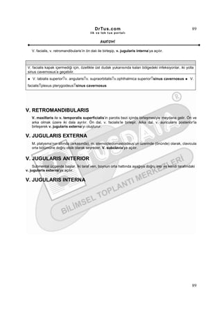 DrTus.com                                                    89
                                           ilk ve tek t us portalı


                                                  ANAT OMĐ

   V. facialis, v. retromandibularis’in ön dalı ile birleşip, v. jugularis interna’ya açılır.



 V. facialis kapak içermediği için, özellikle üst dudak yukarısında kalan bölgedeki infeksiyonlar, iki yolla
 sinus cavernosus’a geçebilir.
    V. labialis superior⇑v. angularis⇑v. supraorbitalis⇑v.ophthalmica superior⇑sinus cavernosus          V.
 facialis⇑plexus pterygoideus⇑sinus cavernosus




V. RETROMANDIBULARIS
   V. maxillaris ile v. temporalis superficialis’in parotis bezi içinde birleşmesiyle meydana gelir. Ön ve
   arka olmak üzere iki dala ayrılır. Ön dal, v. facialis’le birleşir. Arka dal, v. auricularis posterior’la
   birleşerek v. jugularis externa’yı oluşturur.

V. JUGULARIS EXTERNA
   M. platysma’nın altında (arkasında), m. sternocleidomastoideus’un üzerinde (önünde) olarak, clavicula
   orta bölümüne doğru oblik olarak seyreder. V. subclavia’ya açılır.


V. JUGULARIS ANTERIOR
     Submental üçgende başlar. Đki taraf ven, boynun orta hattında aşağıya doğru iner ve kendi tarafındaki
v. jugularis externa’ya açılır.

V. JUGULARIS INTERNA




                                                                                                           89
 