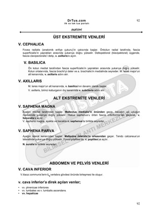 DrTus.com                                                     92
                                           ilk ve tek t us portalı


                                                  ANAT OMĐ

                                 ÜST EKSTREMĐTE VENLERĐ
V. CEPHALICA
     Fovea radialis (anatomik enfiye çukuru)’in çatısında başlar. Önkolun radial tarafında, fascia
     superficialis’in yaprakları arasında yukarıya doğru yükselir. Deltopektoral (klavipektoral) üçgende,
     fascia clavipectoralis’i delip, v. axillaris’e açılır.

      V. BASILICA
          Ön kolun medial tarafından fascia superficialis’in yaprakları arasında yukarıya doğru yükselir.
          Kolun ortalarında, fascia brachii’yi deler ve a. brachialis’in medialinde seyreder. M. teres major’un
          alt kenarında, v. axillaris adını alır.

V. AXILLARIS
          M. teres major’un alt kenarında, v. basilica’nın devamı olarak başlar.
          V. axillaris, birinci kaburganın dış kenarında v. subclavia adını alır.


                                 ALT EKSTREMĐTE VENLERĐ

V. SAPHENA MAGNA
     Ayağın medial tarafından başlar. Malleolus medialis’in önünden geçip, bacağın ve uyluğun
     medialinde yukarıya doğru yükselir. Hiatus saphenus’u örten fascia cribriformis’ten geçerek, v.
     femoralis’e açılır.
     V. saphena magna, ayakta ve bacakta n. saphenus’la birlikte seyreder.


V. SAPHENA PARVA
     Ayağın lateral kenarından başlar. Malleolus lateralis’in arkasından geçer. Tendo calcaneus’un
     lateralinde yukarıya doğru yükselir. Fossa poplitea’da, v. poplitea’ya açılır.
     N. suralis’le birlikte seyreder.




                              ABDOMEN VE PELVĐS VENLERĐ
V. CAVA INFERIOR
    V.iliaca communis’lerin L5 vertebra gövdesi önünde birleşmesi ile oluşur.


v. cava inferior’a direk açılan venler;
•    vv. phrenicae inferiores
•    vv. lumbales ve v. lumbalis ascendens
•    vv. hepaticae



                                                                                                            92
 