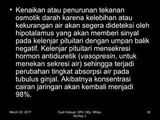 • Kenaikan atau penurunan tekanan
osmotik darah karena kelebihan atau
kekurangan air akan segera dideteksi oleh
hipotalamus yang akan memberi sinyal
pada kelenjar pituitari dengan umpan balik
negatif. Kelenjar pituitari mensekresi
hormon antidiuretik (vasopresin, untuk
menekan sekresi air) sehingga terjadi
perubahan tingkat absorpsi air pada
tubulus ginjal. Akibatnya konsentrasi
cairan jaringan akan kembali menjadi
98%.
March 20, 2017 30Eyet Hidayat, SPd, SKp, MKep.
Sp.Kep.J.
 