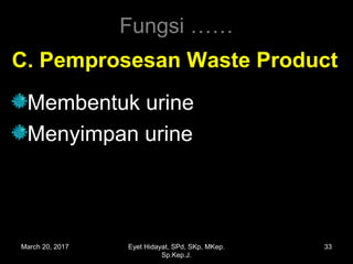 C. Pemprosesan Waste ProductC. Pemprosesan Waste Product
Membentuk urine
Menyimpan urine
Fungsi ……
March 20, 2017 33Eyet Hidayat, SPd, SKp, MKep.
Sp.Kep.J.
 