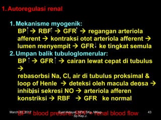 1.1. Autoregulasi renalAutoregulasi renal
1.Mekanisme myogenik:
BP  RBF  GFR  regangan arteriola
afferent  kontraksi otot arteriola afferent 
lumen menyempit  GFR ke tingkat semula
2.Umpan balik tubuloglomerular:
BP  GFR  cairan lewat cepat di tubulus

rebasorbsi Na, Cl, air di tubulus proksimal &
loop of Henle  deteksi oleh macula densa 
inhibisi sekresi NO  arteriola afferen
konstriksi  RBF  GFR ke normal
BP = blood presure, RPF = renal blood flowMarch 20, 2017 43Eyet Hidayat, SPd, SKp, MKep.
Sp.Kep.J.
 