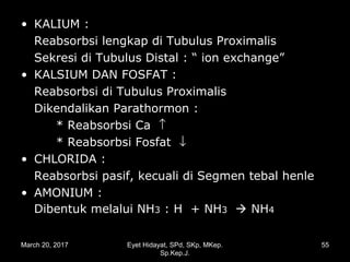 • KALIUM :
Reabsorbsi lengkap di Tubulus Proximalis
Sekresi di Tubulus Distal : “ ion exchange”
• KALSIUM DAN FOSFAT :
Reabsorbsi di Tubulus Proximalis
Dikendalikan Parathormon :
* Reabsorbsi Ca ↑
* Reabsorbsi Fosfat ↓
• CHLORIDA :
Reabsorbsi pasif, kecuali di Segmen tebal henle
• AMONIUM :
Dibentuk melalui NH3 : H + NH3  NH4
March 20, 2017 55Eyet Hidayat, SPd, SKp, MKep.
Sp.Kep.J.
 