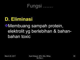 D. ElD. Eliiminasiminasi
Membuang sampah protein,
elektrolit yg berlebihan & bahan-
bahan toxic
Fungsi ……
March 20, 2017 60Eyet Hidayat, SPd, SKp, MKep.
Sp.Kep.J.
 