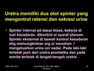 Uretra memiliki dua otot spinter yangUretra memiliki dua otot spinter yang
mengontrol retensi dan sekresi urinemengontrol retensi dan sekresi urine
• Spinter internal pd dasar blaas, bekerja diSpinter internal pd dasar blaas, bekerja di
luar kesadaran, dikontrol o/ syaraf otonom.luar kesadaran, dikontrol o/ syaraf otonom.
Spinter eksternal di bawah kontrol kesadaranSpinter eksternal di bawah kontrol kesadaran
shg memungkinkan org u/ menahan /shg memungkinkan org u/ menahan /
mengeluarkan urine scr sadar. Pada laki-lakimengeluarkan urine scr sadar. Pada laki-laki
terletak jauh dari uretra prostatika dan padaterletak jauh dari uretra prostatika dan pada
wanita terletak di tengah-tengah uretra.wanita terletak di tengah-tengah uretra.
March 20, 2017 67Eyet Hidayat, SPd, SKp, MKep.
Sp.Kep.J.
 