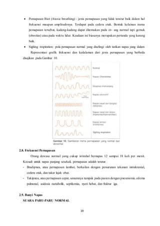 20
 Pemapasan Biot (Ataxic breathing) : jenis pemapasan yang lidak teratur baik dalam hal
frekuensi maupun amplitudonya. Terdapat pada cedera otak. Bentuk kelainan irama
pemapasan tersebut, kadang-kadang dapat ditemukan pada or- ang normal tapi gemuk
(obesitas) atau pada waktu lidur. Keadaan ini biasanya merupakan pertanda yang kurang
baik.
 Sighing respiration: pola pemapasan normal yang diselingi oleh tarikan napas yang dalam
Representasi grafik frekuensi dan kedalaman dari jenis pernapasan yang berbeda
disajikan pada Gambar 10.
2.8. Frekuensi Pernapasan
Orang dewasa normal yang cukup istirahal bernapas 12 sampai 18 kali per menit.
Kecuali untuk napas panjang sesekali, pernapasan adalah teratur.
- Bradipnea, atau pernapasan lambat, berkailan dengan penurunan tekanan intrakranial,
cedera otak, dan takar lajak obat.
- Takipnea, atau pernapasan cepat, umumnya tampak pada pasien dengan pneumonia, edema
pulmonal, asidosis raetabolik, septikemia, nyeri hebat, dan fraktur iga.
2.9. Bunyi Napas
SUARA PARU-PARU NORMAL
 